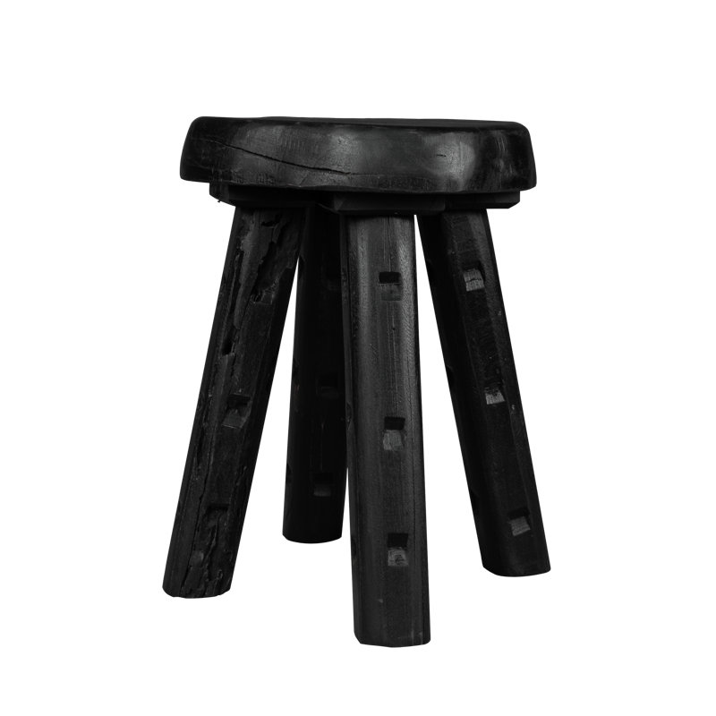 Ebonized Totem Stool (Tall) ~ Inspired by its charred, sculptural presence, this 100% reclaimed stool embodies both primal craftsmanship and modern minimalism, like a relic reborn in ebony.