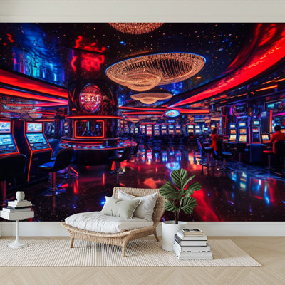 Peel and Stick Wallpaper 96" W x 69" H Modern Self Adhesive Wall Mural for Bedroom Vibrant Casino Interior Neon Lights Slot Machines Big Win Jackpot