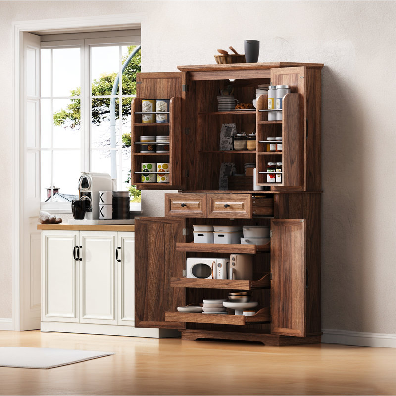 Armoire de rangement 71 pouces à texture de style campagnard en relief, idéale pour les cuisines et les salles à manger, Brun
