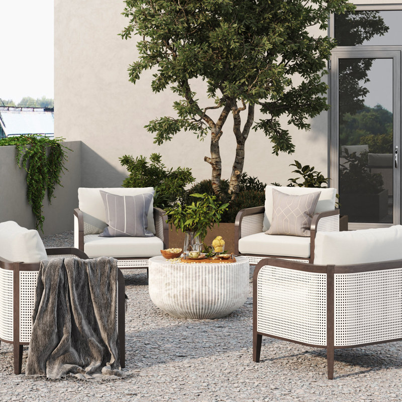 Boho Cushioned Patio Chair with Solid Wood Frame, White Cushion/Graphite Frame