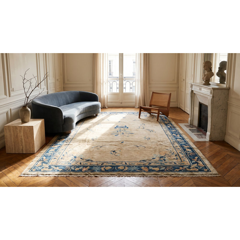 Antique Peking Chinese Allover Floral Ivory 1900s Rug
