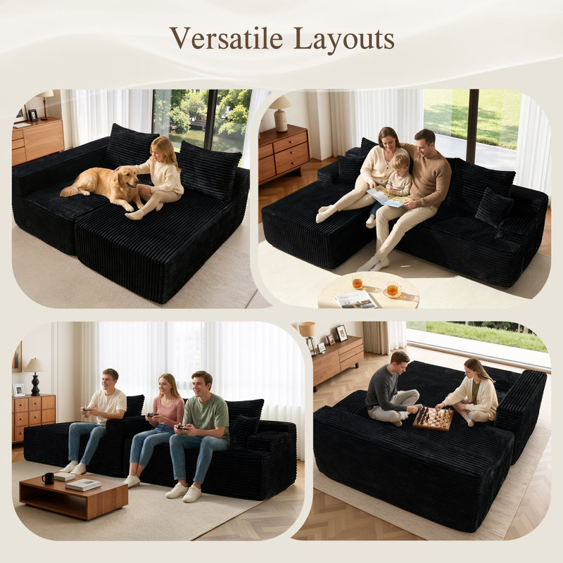 Navarrie No Assembly Required - 2 Piece Free Combination Compression Sectional, Black Faux Fur, Left Chaise Facing