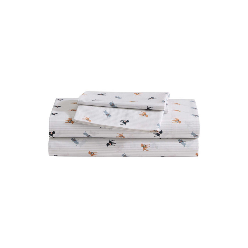 Shasta Lake Cotton Percale Standard Sheet Set, Queen Sheet Set with 2 Pillowcases, Buddy Scarves And Stripes Beige