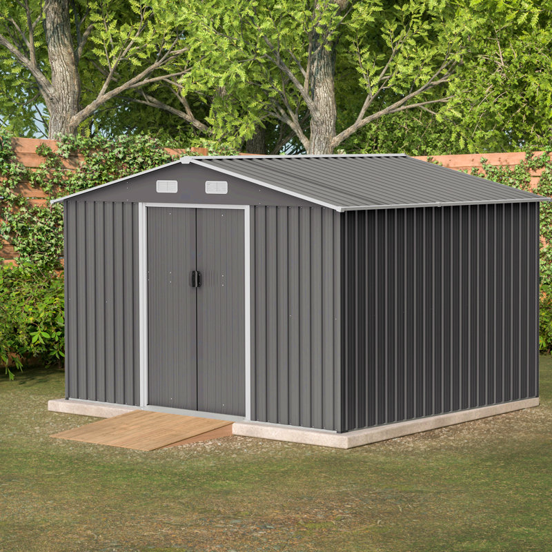 10X8 Ft Outdoor Tool Storage Shed With Metal Foundation & Lockable Doors,  All Weather Metal Sheds For Garden, Patio, Backyard, Lawn, Gray