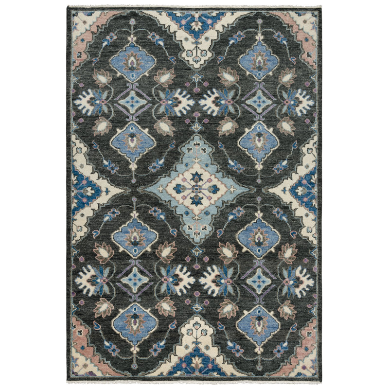 Tapis floral gris anthracite en laine noué à la main, Rectangle 6 pi x 9 pi