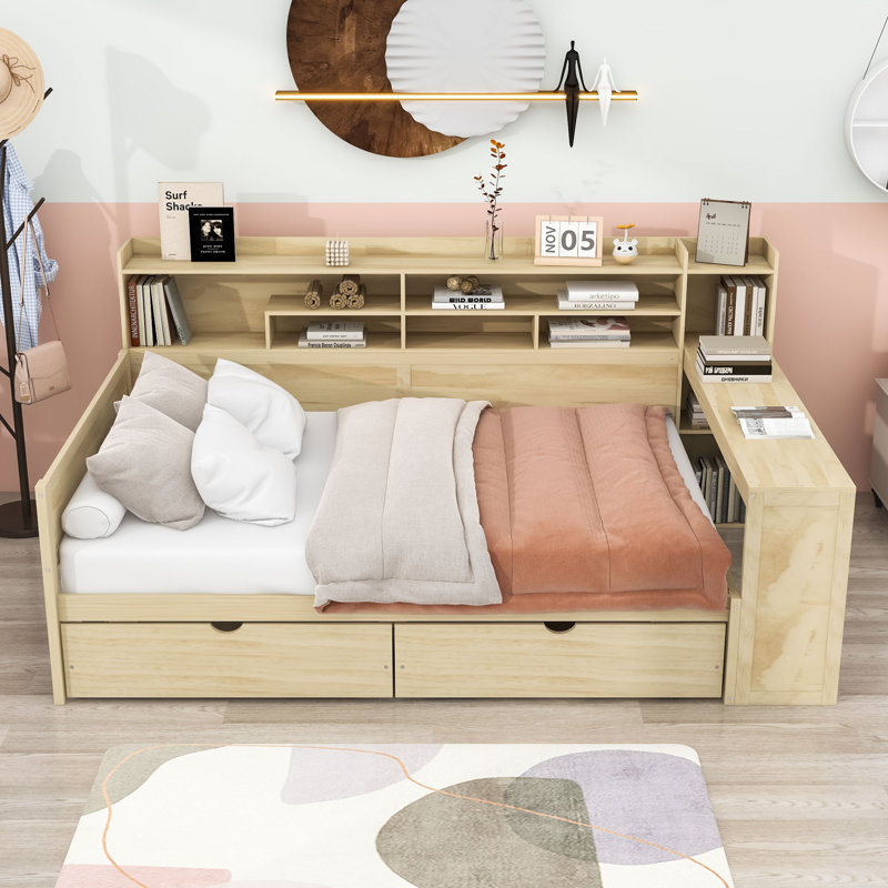 Lit de jour multifonctionnel en bois avec tablettes, tiroirs et bureau Crompton, Naturel, Double