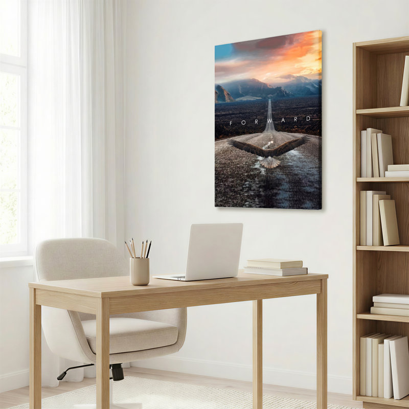 Ensemble de 1 tableau sur toile tendue représentant un aigle et un paysage routier, H 36 po x l 24 po