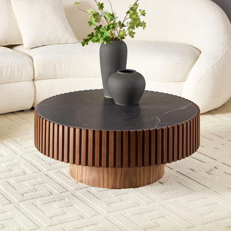 Table basse cylindrique 35,43 po, Noir, Noyer, Pierre frittée