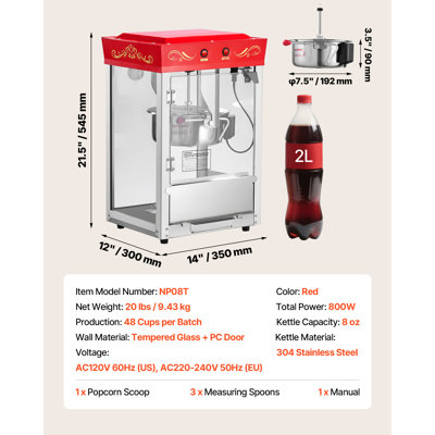 Machine à popcorn, cuve en acier inoxydable 225 g, 800 W, modèle professionnel de comptoir, 48 tasses par fournée, style cinéma, avec panneau de commande à 2 boutons, porte vitrée, 1 dosette et 3 cuillères, rouge