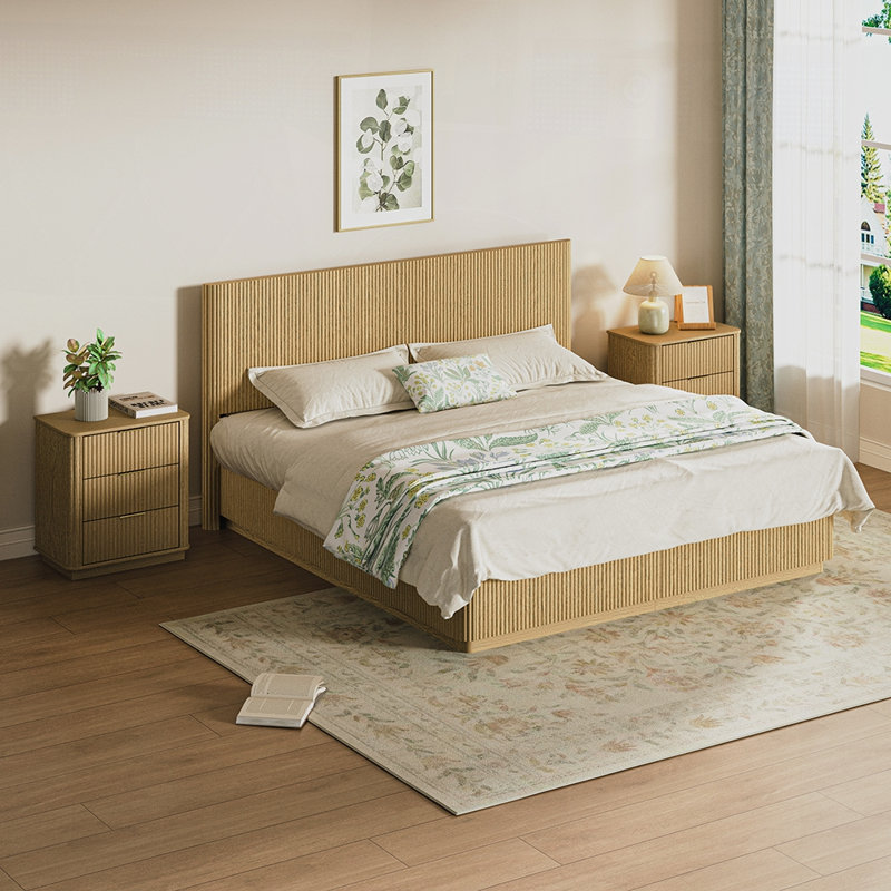 Structure de lit moderne en bois avec lumières DEL, courbes ondulées et rainures convexes pour les chambres élégantes, Chêne
