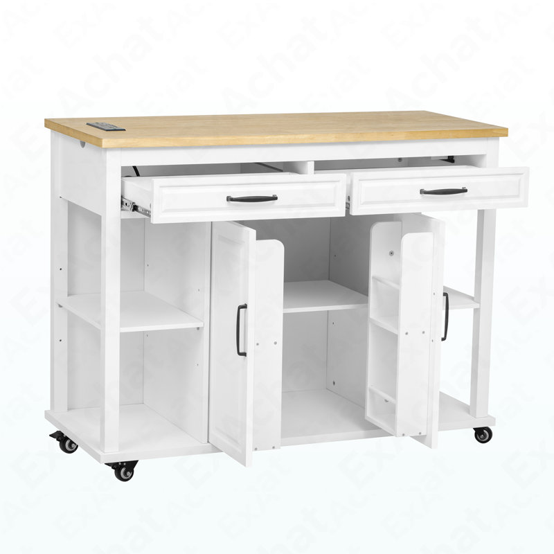 Îlot de cuisine de 47 po avec table de salle à manger extensible, table de cuisine en placage de bois d'hévéa avec support de rangement interne, prise de courant, îlot de cuisine avec rangement 2 tiroirs et 2 armoires, blanc