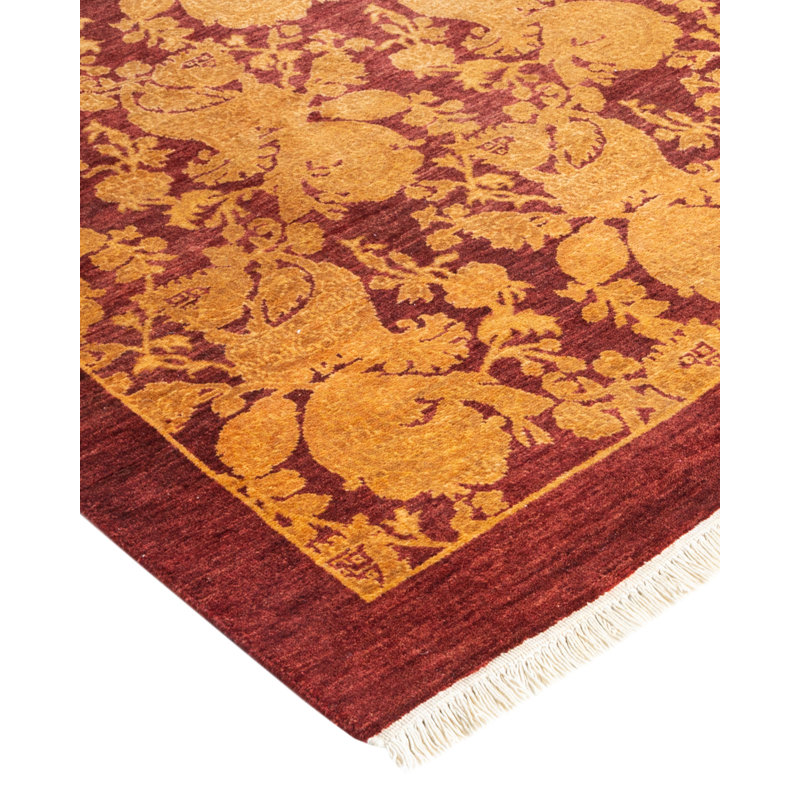 Hand-Knotted Red Wool Abstract Rectangular Area Rug