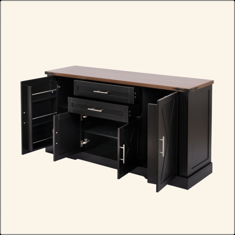 Armoire de rangement avec porte de grange 63 po avec 2 tiroirs et support de porte 63 po, Noir