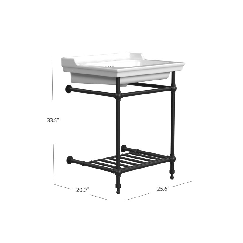 Gloss White Fireclay Rectangular Console Bathroom Sink with Overflow, 8" Centers, Matte Black