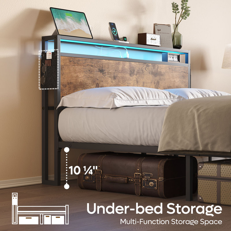 Queen Metal Bed Frame with Rustic Wood Storage Headboard and LED Lights