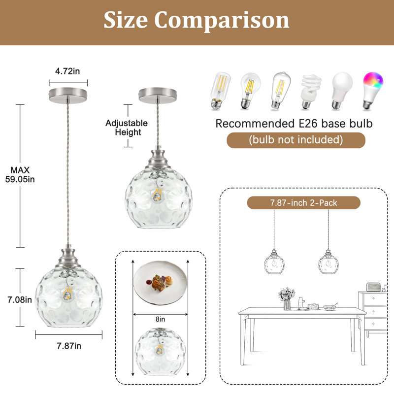 1-Light 7.87" Single Pendant for Kitchen Island, Over Sink, Nickel