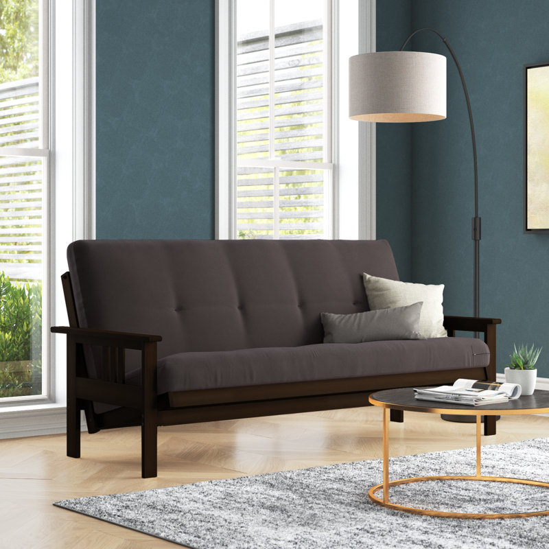 Lakel Full-Size Futon Frame Includes 6" Innerspring Mattress, Espresso, Grey Polyester