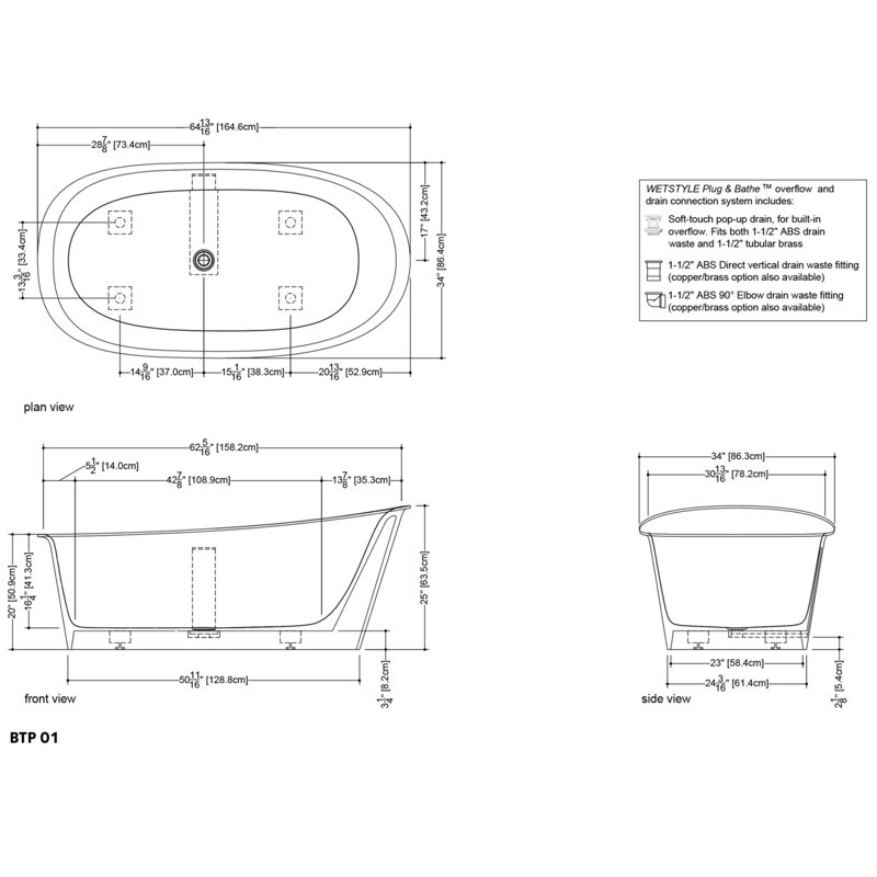 Tulip 64.81'' L Soaking Bathtub, Brushed Nickel, White Glossy, Right