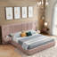 Structure de lit tapissier grand, tissu chenille avec design plissé et table de chevet intégrée-1364466848