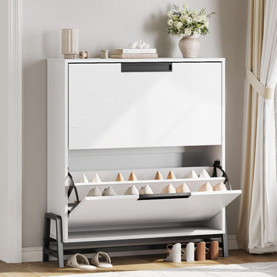 Armoire de rangement pour chaussures avec 2 tiroirs rabattables, organisateur de chaussures autoportant avec pieds en métal, étagère à chaussures étroite et ajustable pour vestibule, vestibule, couloir, salon, blanc