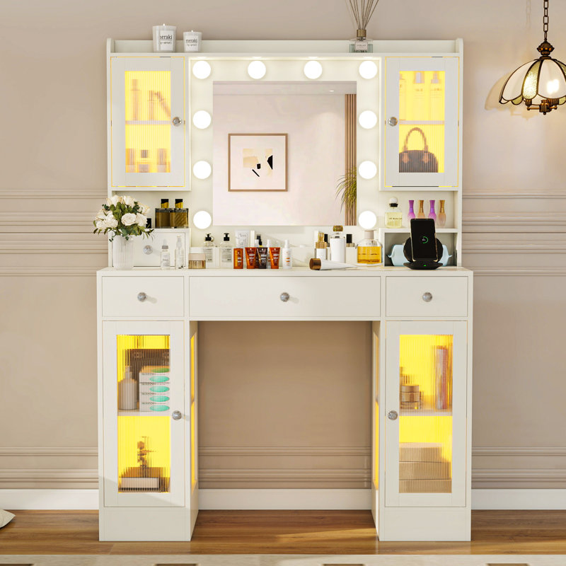 Table de coiffeuse avec miroir, lumières et station de charge - blanc