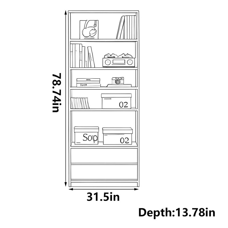 Modern simple storage bookcase, (5 Shelves) 78.74"H x 31.5"W x 13.78"D