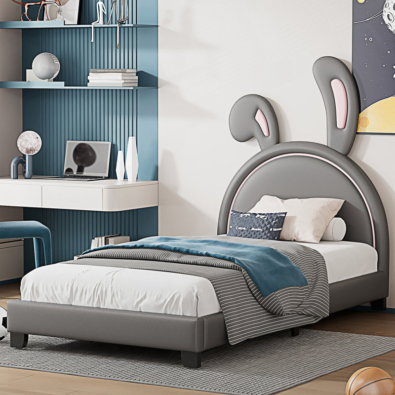 Lit plateforme tapissier simple avec ornement en forme de lapin, Lit simple