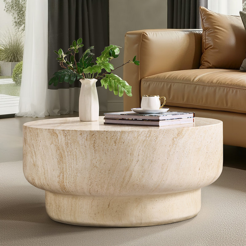 Carstens Watterson Amagoya Modern 32"W Marble Concrete Top Full Assembly Round Coffee Table, Natural
