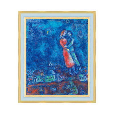 Framed Canvas Wall Art Les Amoureux(The Lovers) by Marc Chagall Giclee Print Dreamlike Romantic Painting Modern Home Decor(Light Blue with Gold,22"x28")