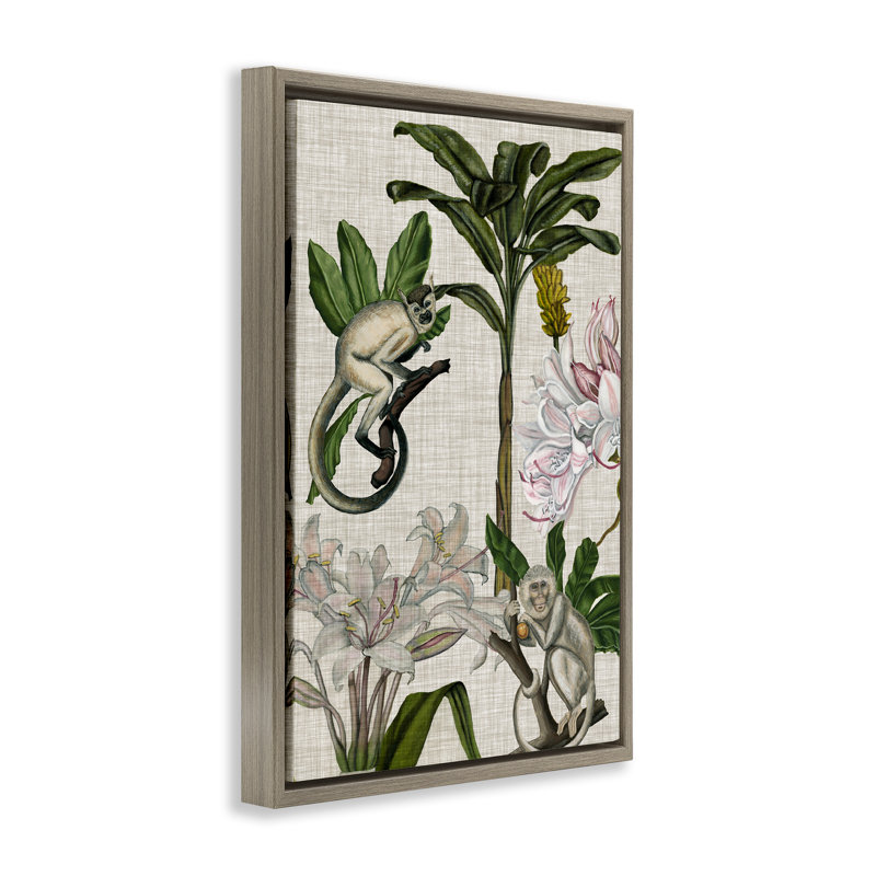 Toile flottante vintage encadrée «Monkey & Plants» par Vision Studio, Cadre flottant orme Montalcino, H 31 po x l 21 po