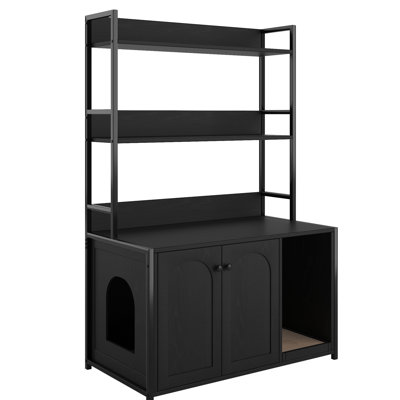 Large Cat Washroom Enclosure With Litter Box And Shelf, Wooden House, Scratch Pad, 2 Doors, Black Flame Hidden Splendor