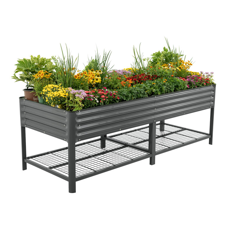 32" Tall 96" Long Metal Outdoor Elevated Planter, Modern Gray