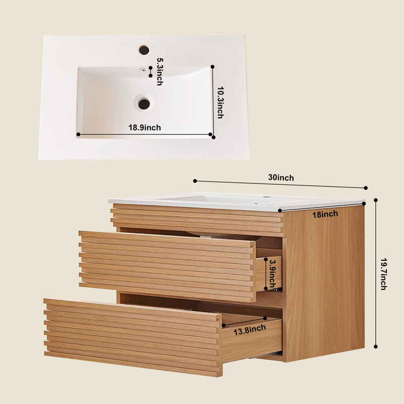 30" Wall Mounted Floating Single Vanity With Ceramic Sink
