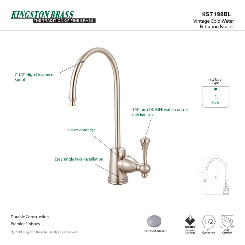 Robinet de filtration d'eau 1 trou à fixation sur le comptoir Kingston, Nickel brossé