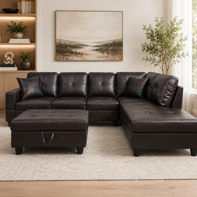 Brown Faux Leather 3-Piece Sectional Sofa Set with Chaise and Storage Ottoman