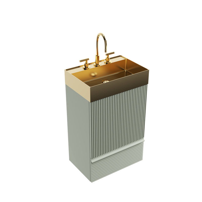 Meuble-lavabo autoportant à rayures 20 po avec lavabo vasque en métal, Vert clair