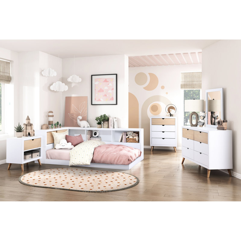 Lit simple avec tête de lit en bois naturel et porte coulissante sans bibliothèque, Lit simple