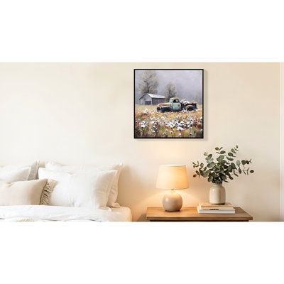 Camion, art mural 24 x 24 pouces, bleu avec motif floral, imperméable et, bon pour la salle de bain, scène de grange, printemps, texture lumineuse texturée à la main, galerie appropriée