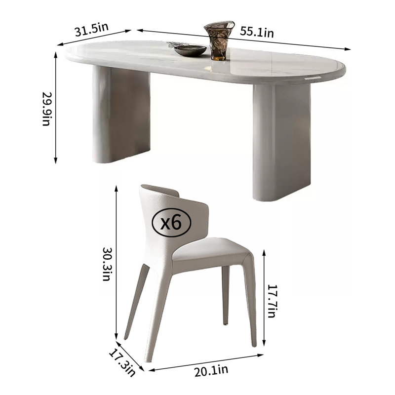Modern White Oval Marble Dining Table Set, 29.9"H x 55.1"L x 31.5"W