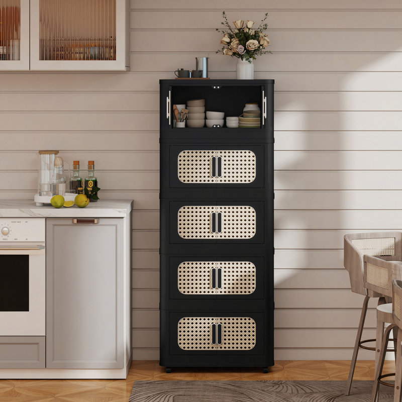 20" Side Wide Folding Storage Cabinet ,5 Tiers,19.69"×11.81"×50.00",Collapsible Storage Bins With Magnetic Door, Plastic Storage Cabinet With Wheels
