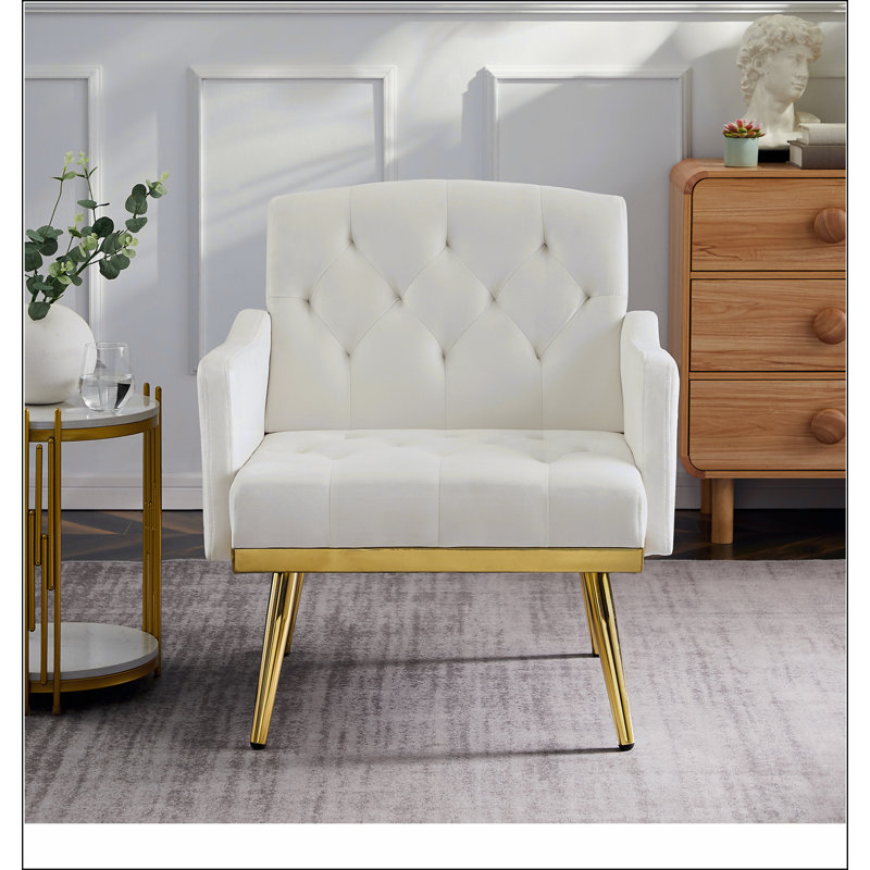 Fauteuil en velours avec pieds en métal, Blanc, crème