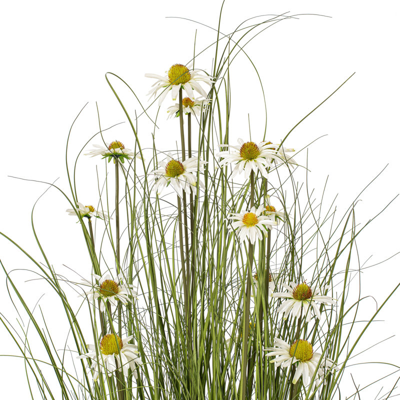 Herbe verte et marguerites artificielles en pot., H 60 po x l 37 po x P 37 po
