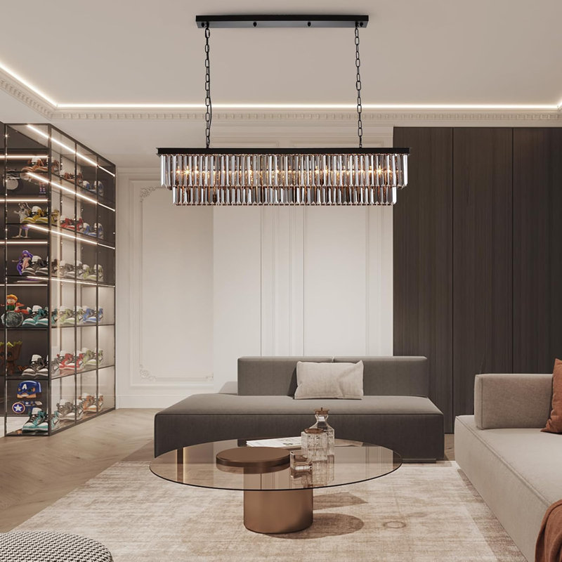 Lustres en cristal rectangulaires, luminaire suspendu pour salle à manger 8 lumières, cristal gris fumé avec cadre en métal noir