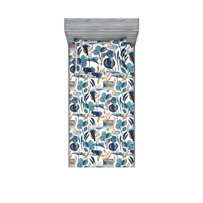 Drap-housse et taies décoratives 3 pièces Ambesonne, Ardoise, bleu, écume de mer, ambre / floral