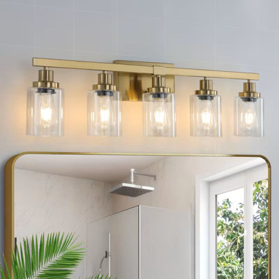 Lampe miroir doré moderne 5 lumières | Lampe de salle de bain en cuivre avec miroir et abat-jour en cuivre