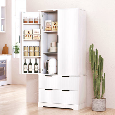 72" Modern Fluted Kitchen Pantry Cabinet With 2 Large Drawers & 8-Door Spice Rack, Freestanding Storage Organizer