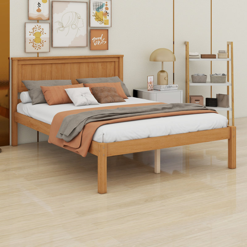 Base de lit plateforme avec tête de lit, support à lattes de bois, Chêne