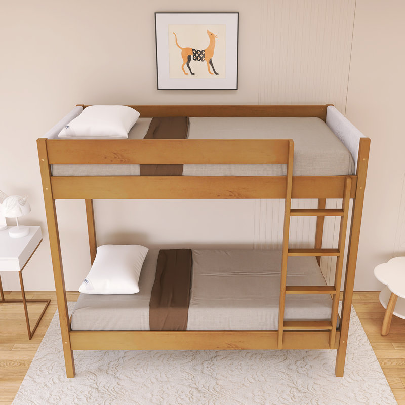 Wood Frame Twin Over Twin Size Bunk Bed With Boucle Upholstered Headboard And Footboard