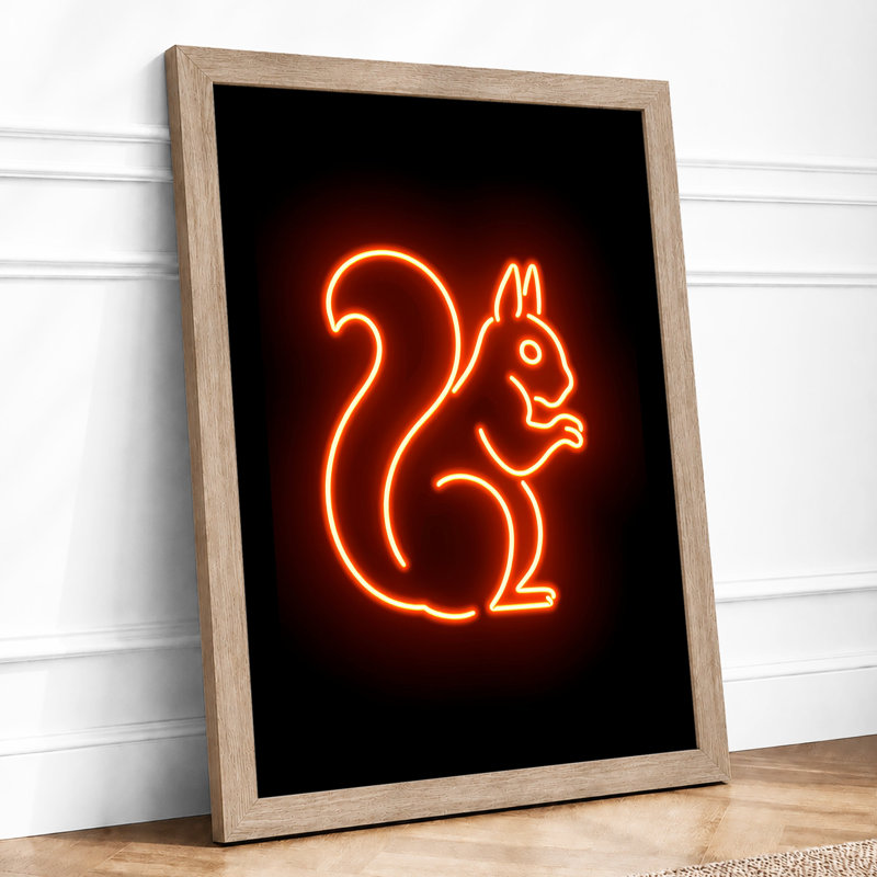 Neon Squirrel Sign Retro - Framed Print, A1 - 84.1 x 59.4 cm, Oak