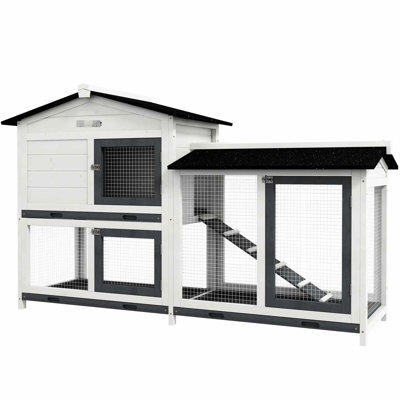 Lapin de 62 po, bois, blanc, grande surface de couloir, plateau facile à nettoyer, portes verrouillables, enclos en bois pour petits animaux avec toit en asphalte, blanc avec couloir, amovible